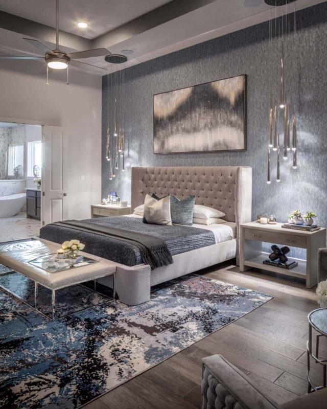 Bed Frame with Cascading Pendants and Tufted Headboard Styling Ideas
