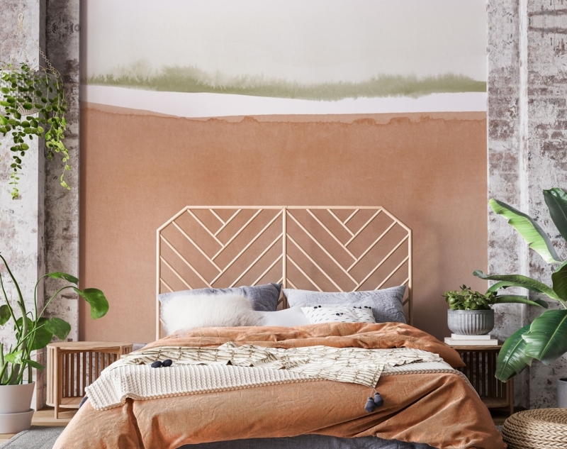 Bed Geometric Wood Headboard Landscape Mural Modern Boho
