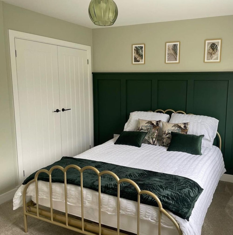 Bed Gold Scalloped Bed Frame Two-Tone Green Walls Wainscoting Styling
