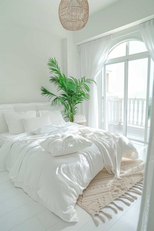 Bed in Coastal Boho Room with Arched Glass Door and Tall Potted Palm