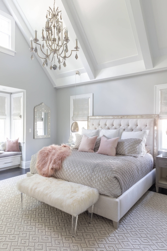 Bed in Gray and Blush Bedroom with Vaulted Ceiling and Geometric Rug