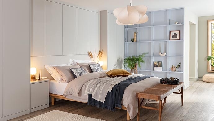Bed Integrated Storage Wall Recessed Grid Shelving Zen Minimalist