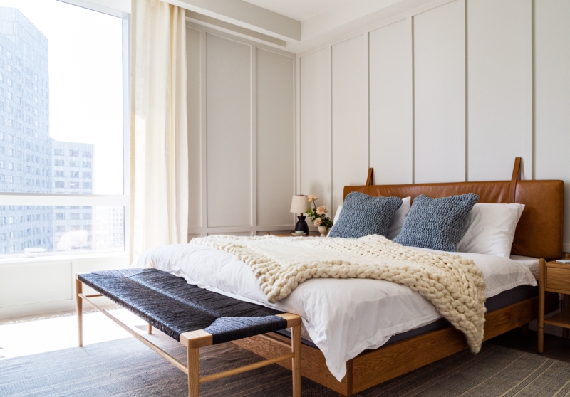 Bed Leather Strapped Headboard Woven Bench Chunky Knit Throw
