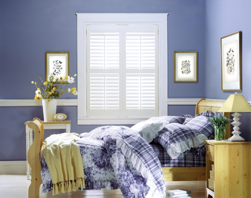 Bed Light Wood Frame with Plantation Shutters Periwinkle Decor