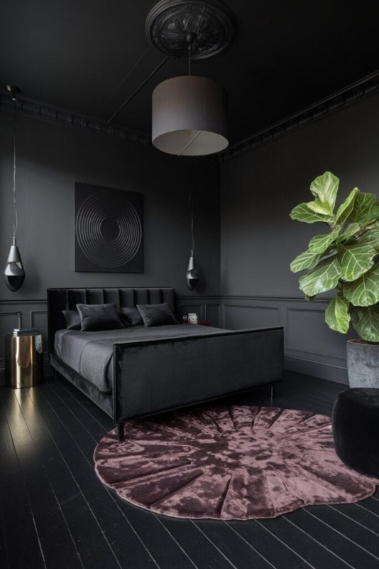 Bed Mauve Round Rug Vertical Channel Tufting All Black Palette Glam
