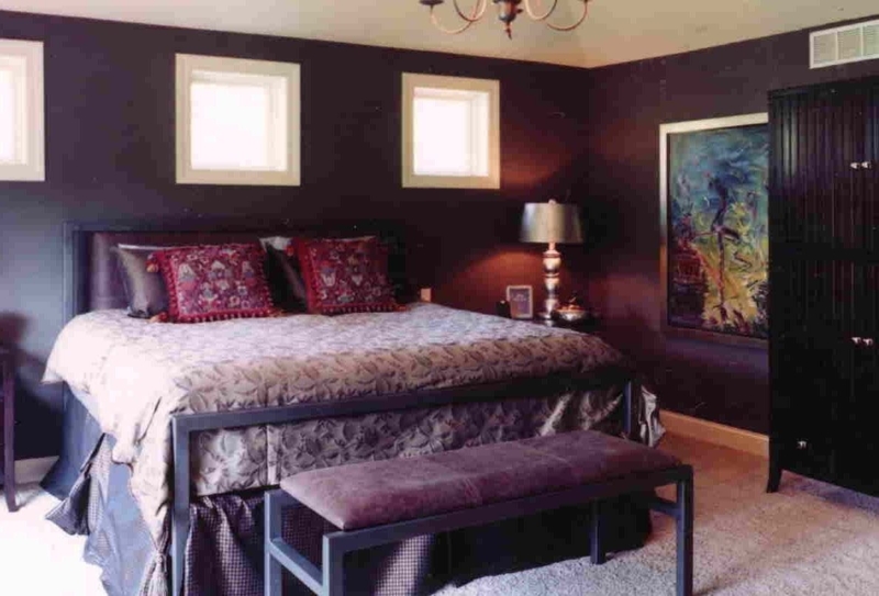 Bed: Metal Frame & Velvet Bench Dramatic Plum Bedroom Walls