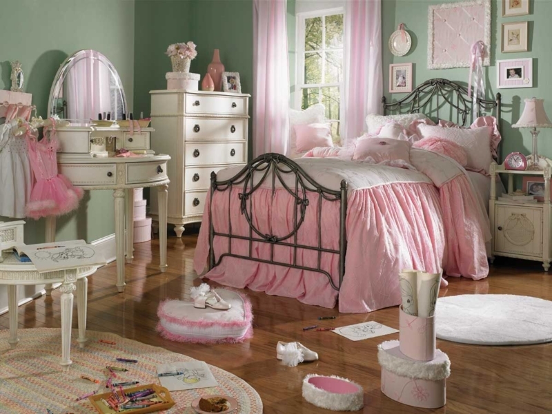 Bed Metal Scrolling Headboard with Pink Ruffled Bedding