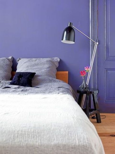 Bed Minimalist Black Floor Lamp Stool Nightstand Purple Accent Wall
