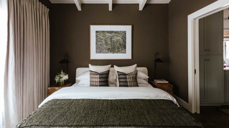 Bed Moody Dark Brown Walls White Ceiling Beams Olive Throw