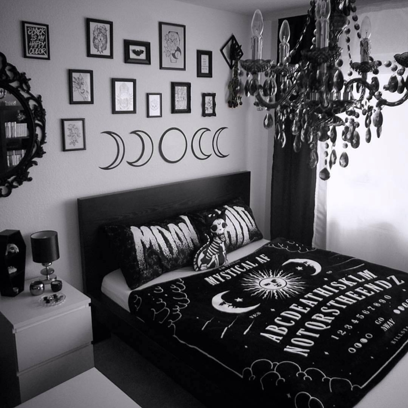 Bed: Occult Themed Bedding Moon Phase Decal Witchy Bedroom Styling
