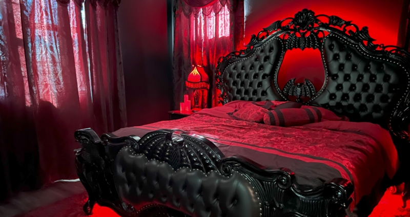 Bed: Ornate Bat Motif Carving Victorian Inspired Goth Bedroom