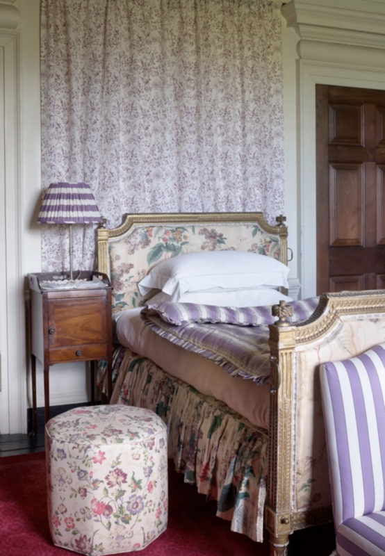 Bed Ornate Carved Frame Floral Upholstery Periwinkle Stripes Ideas