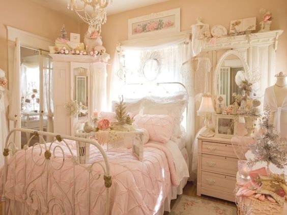 Bed Ornate White Metal Frame with Pink Puckered Bedding