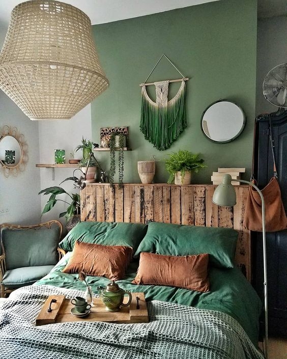 Bed Pallet Wood Headboard Forest Green Wall Boho Bedroom Decor