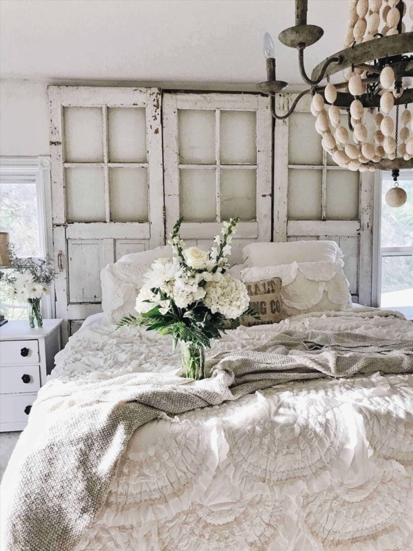 Bed Repurposed Window Headboard with Beaded Wood Lighting
