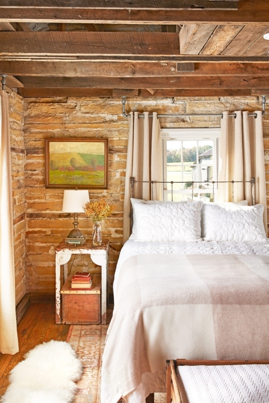 Bed Rustic Style with Exposed Stone Wall and Timber Beams
