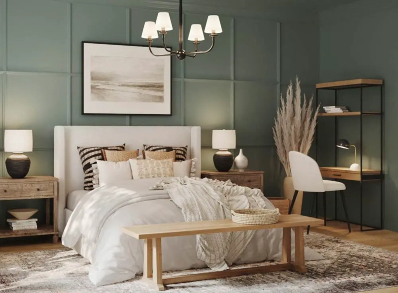 Bed Sage Green Paneling Wingback Headboard Wood Trestle Bench Decor