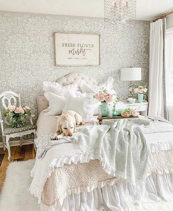 Bed Shabby Chic Style with Damask Wallpaper and Ruffled Bedding