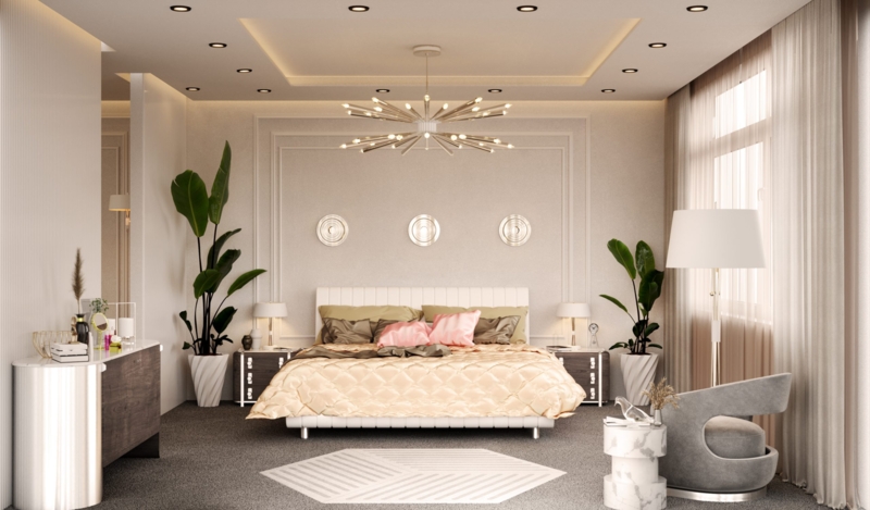 Bed Starburst Chandelier Symmetrical Layout Blush Pink Gold Glam