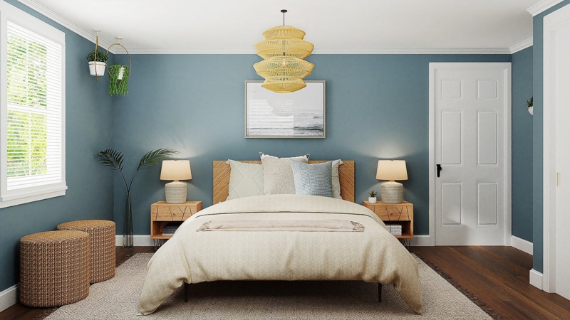 Bed styled with Chevron Wood Headboard and Yellow Pendant