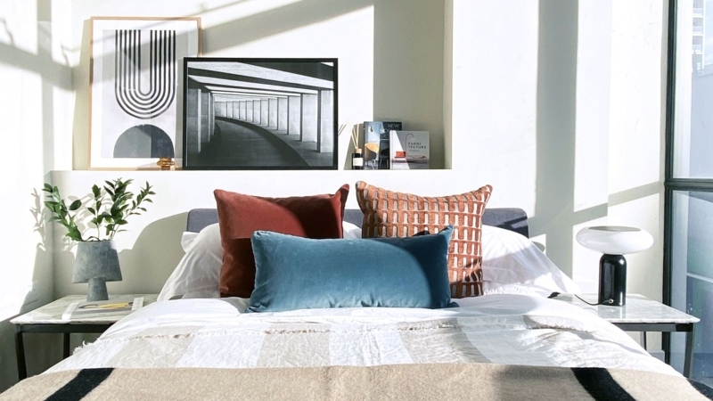 Bed Terracotta Teal Palette Marble Nightstands Wall Alcove