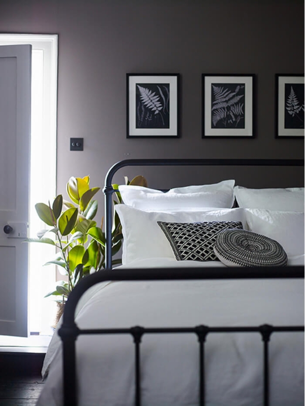 Bed Triptych Botanical Art Black Spindle Frame Dark Accent Wall