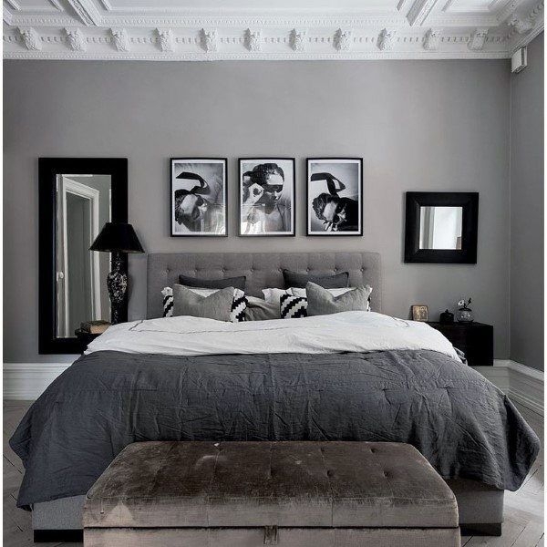 Bed Tufted Headboard Ornate Molding Charcoal Bedding Chevron Pattern