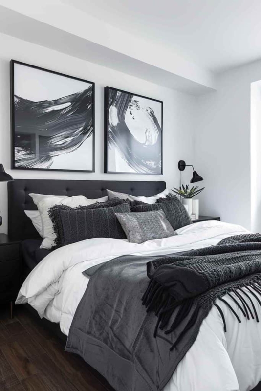 Bed Tufted Headboard Oversized Art Brushstroke Pattern Minimalist