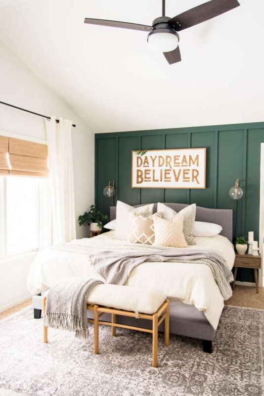 Bed, Upholstered Headboard, Forest Green Board and Batten Wall