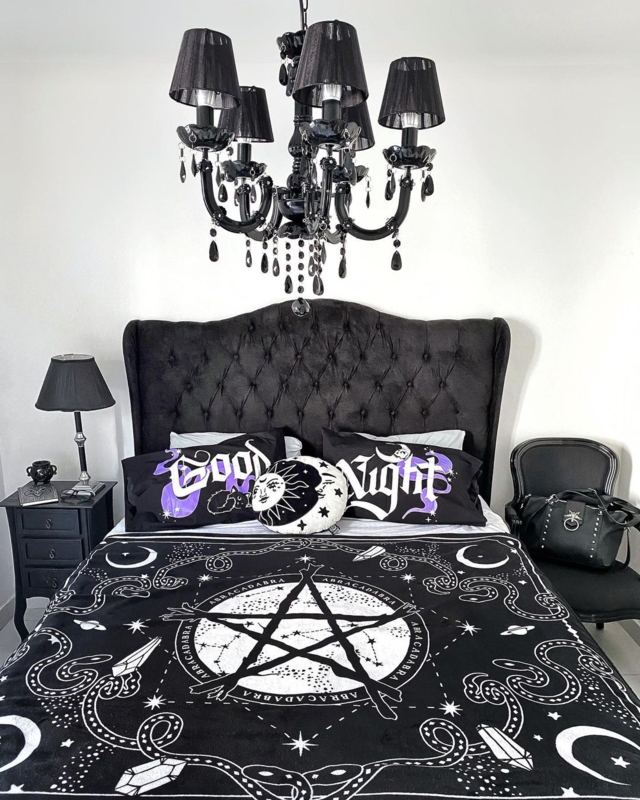 Bed: Velvet Tufted Headboard Pentagram Graphics Modern Gothic Decor
