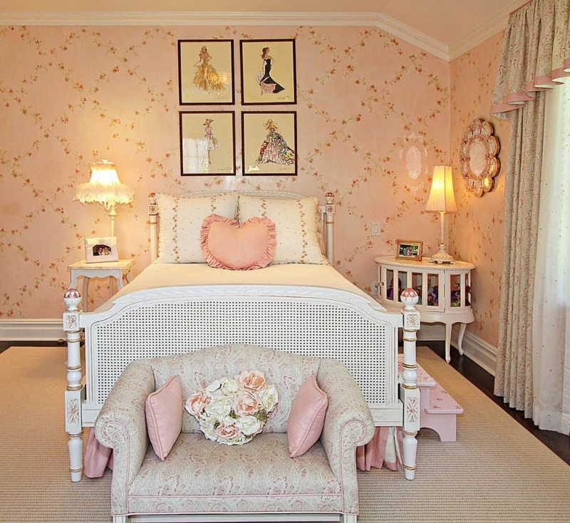 Bed Vintage Style with Cane Inset Headboard and Floral Wallpaper