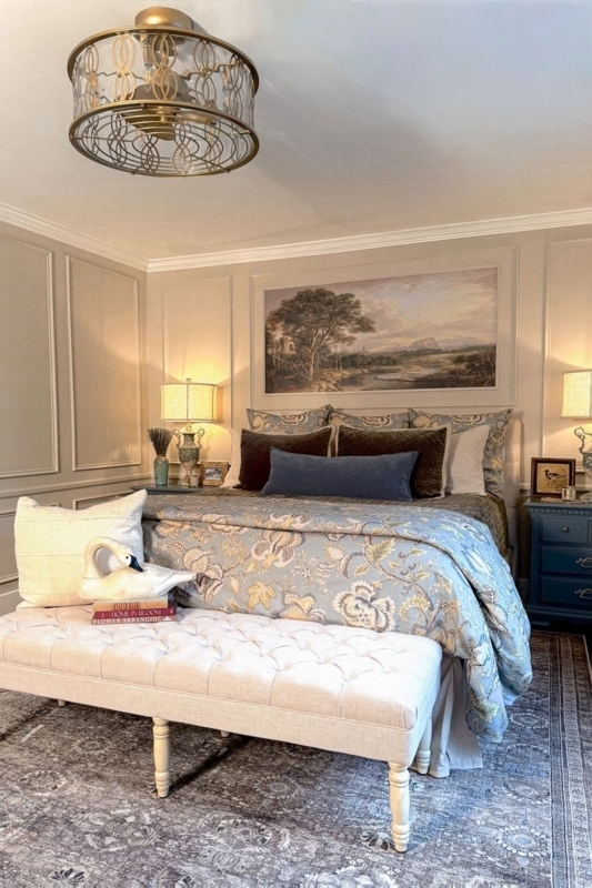 Bed with Blue Floral Bedding: Traditional Bedroom with Wall Molding Ideas