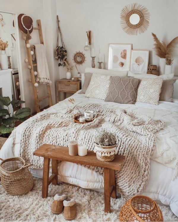 Bed with Chunky Knit Blanket and Leaning Ladder