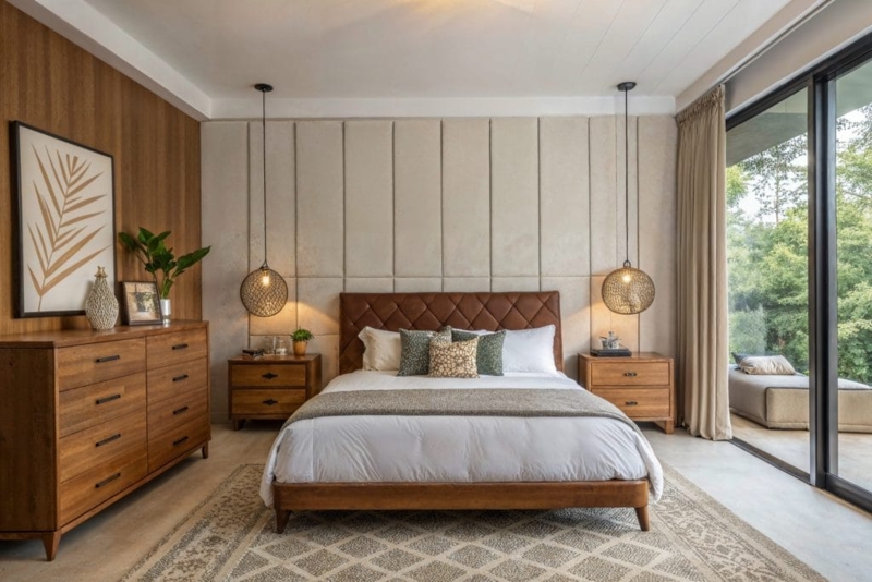 Bed with Diamond Tufted Leather Headboard and Vertical Upholstered Panels