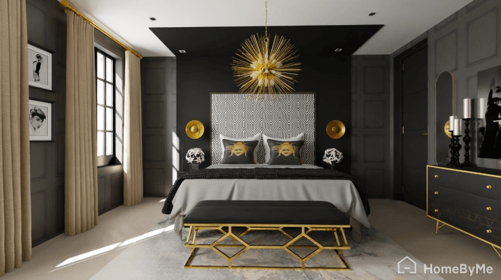 Bed with Geometric Bench Base in Dramatic Dark Wall Bedroom