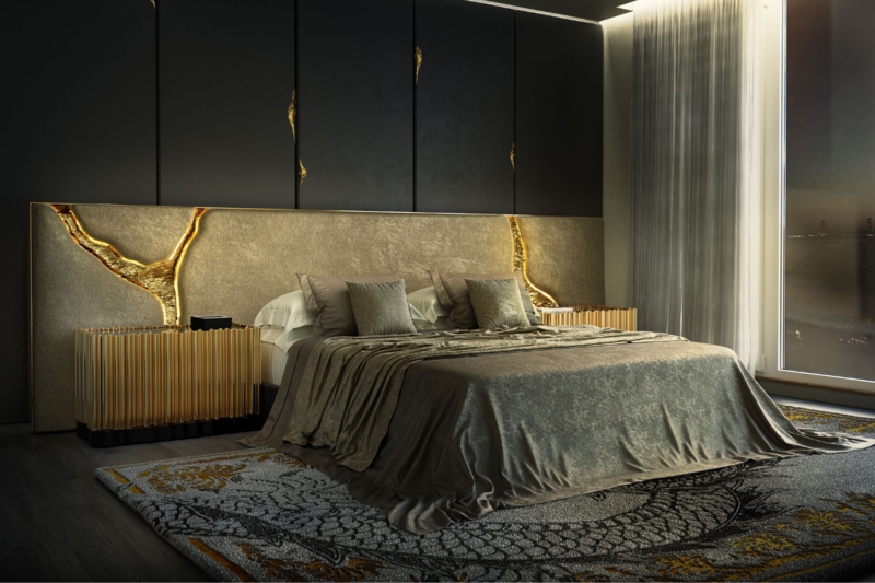 Bed with Glowing Branch Inlay Headboard and Ribbed Gold Nightstands