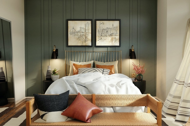 Bed with Gold Spindle Headboard against Forest Green Paneled Bedroom Wall