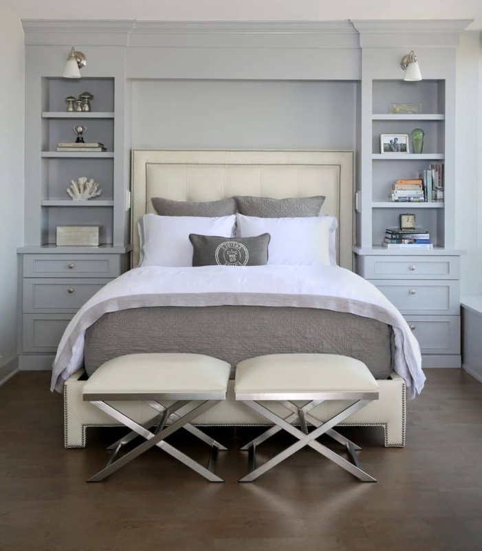 Bed with Gray Built-In Storage Headboard and Paired Ottomans
