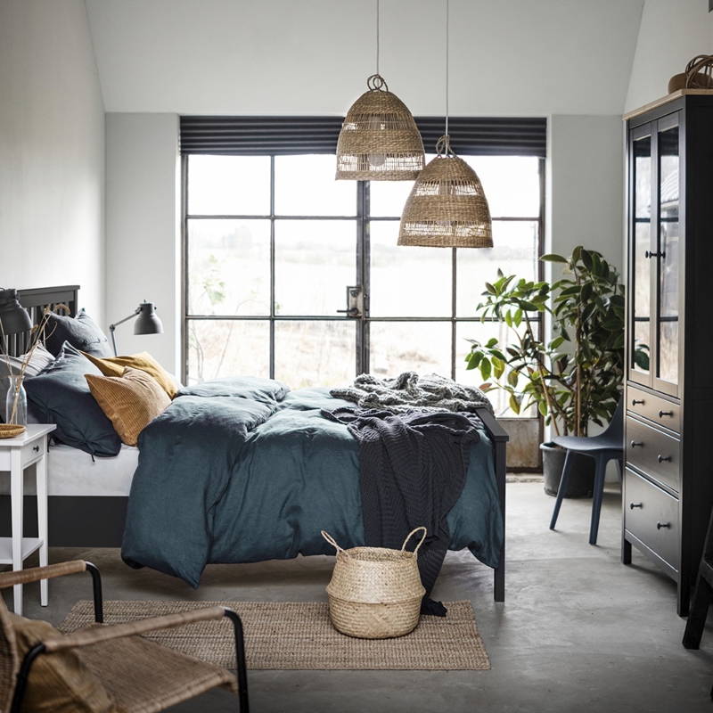 Bed with Industrial Windows and Woven Pendant Lights in Bedroom