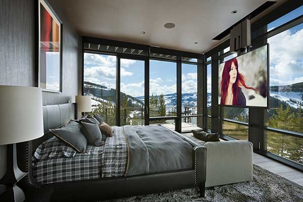 Bed with Integrated Pop-up TV Lift and Panoramic Mountain View