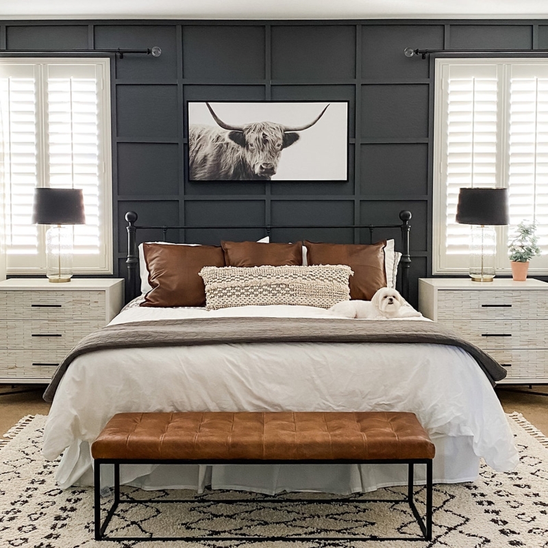 Bed with Leather-Toned Bench Batten Board Wall