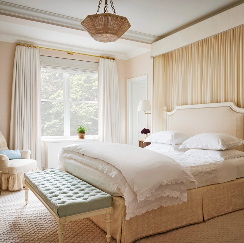 Bed with Mint Tufted Bench, Wall Curtain Backdrop, and Woven Chandelier