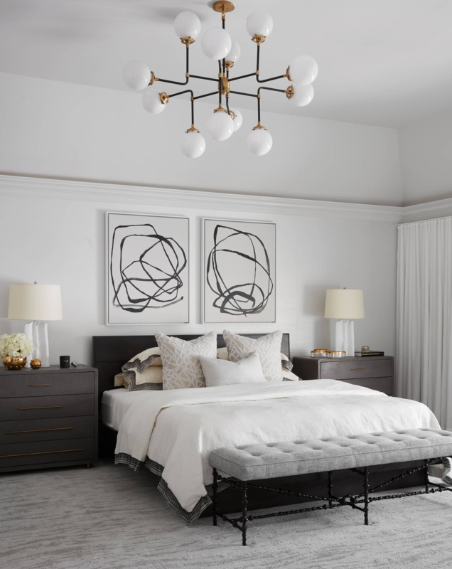 Bed with Multi-Globe Chandelier Lighting Ideas and Abstract Diptych Art
