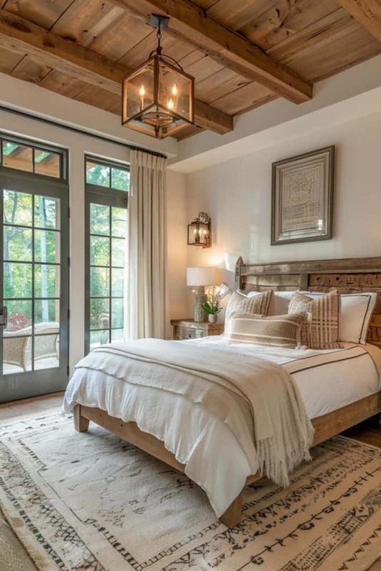 Bed with Neutral Layered Bedding under Exposed Wood Beamed Ceiling