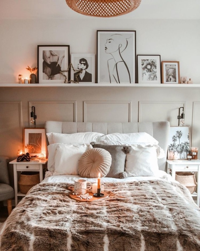 Bed with Picture Ledge Styling and Layered Bedding with Faux Fur