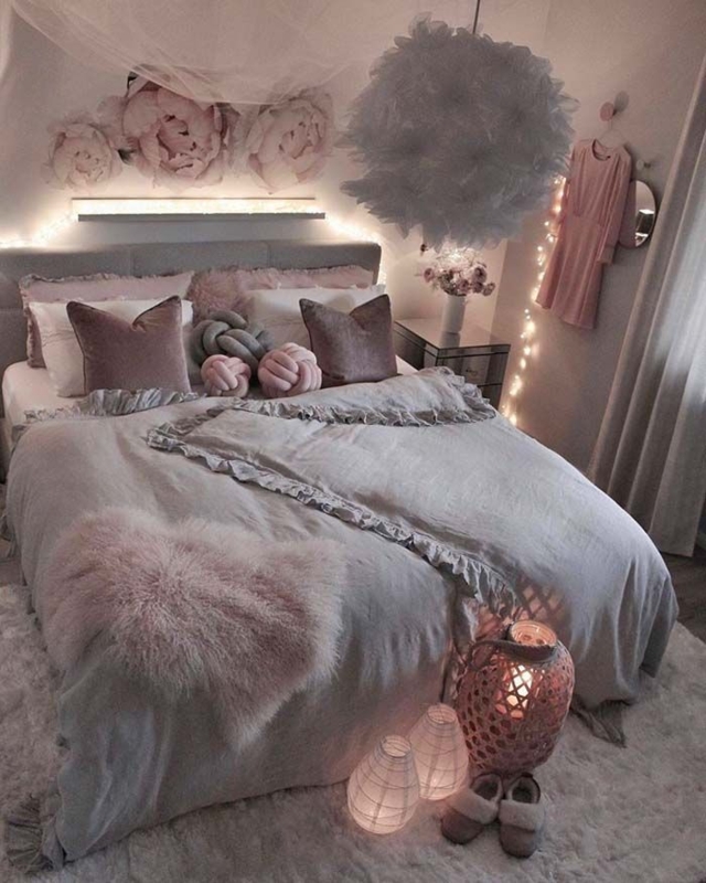 Bed with Ruffled Bedding, Fluffy Pendant, Knot Pillows, Romantic Glam