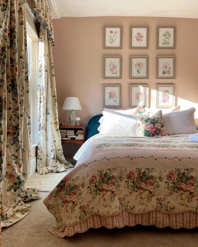 Bed with Scalloped Quilt and Botanical Gallery Wall Over Bed
