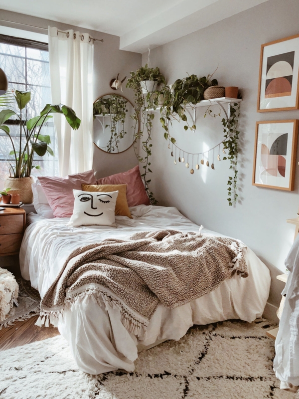 Bed with Shaggy Rug and Moon Phase Garland in Boho Bedroom