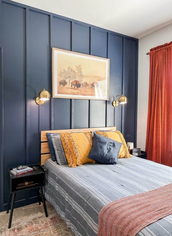 Bed with Slat Headboard against Navy Blue Board and Batten Wall