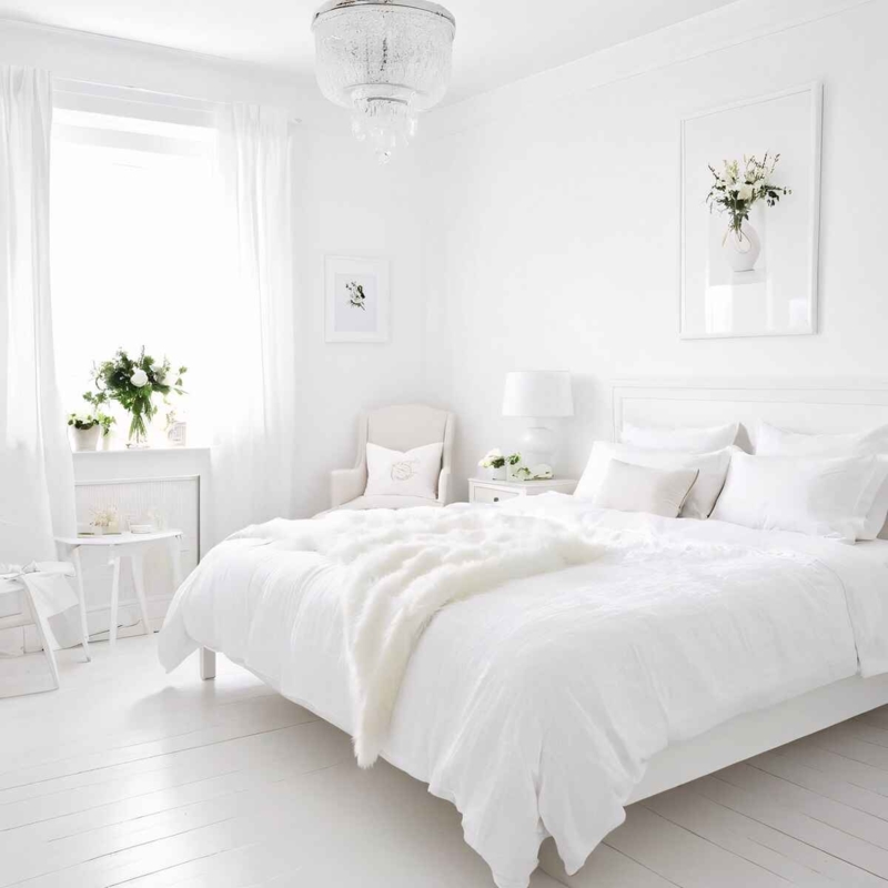 Bed with Tiered Crystal Chandelier in Monochromatic White Bedroom
